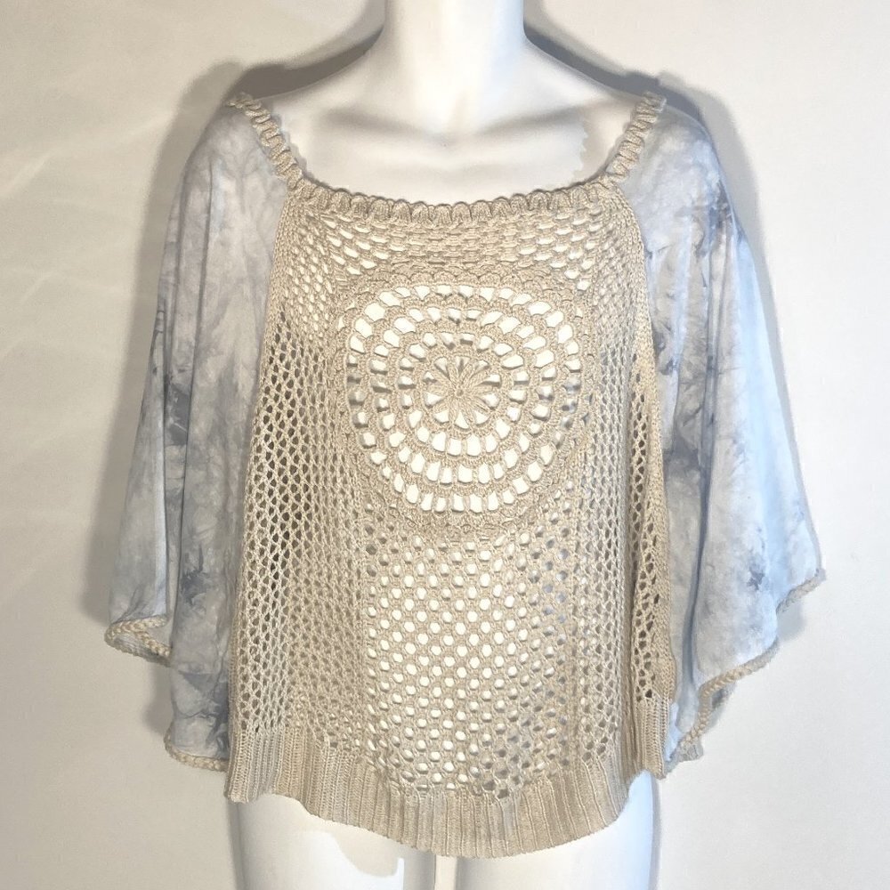 Entro SZ L Natural crochet & baby blue cotton print poncho style artsy boho 70's